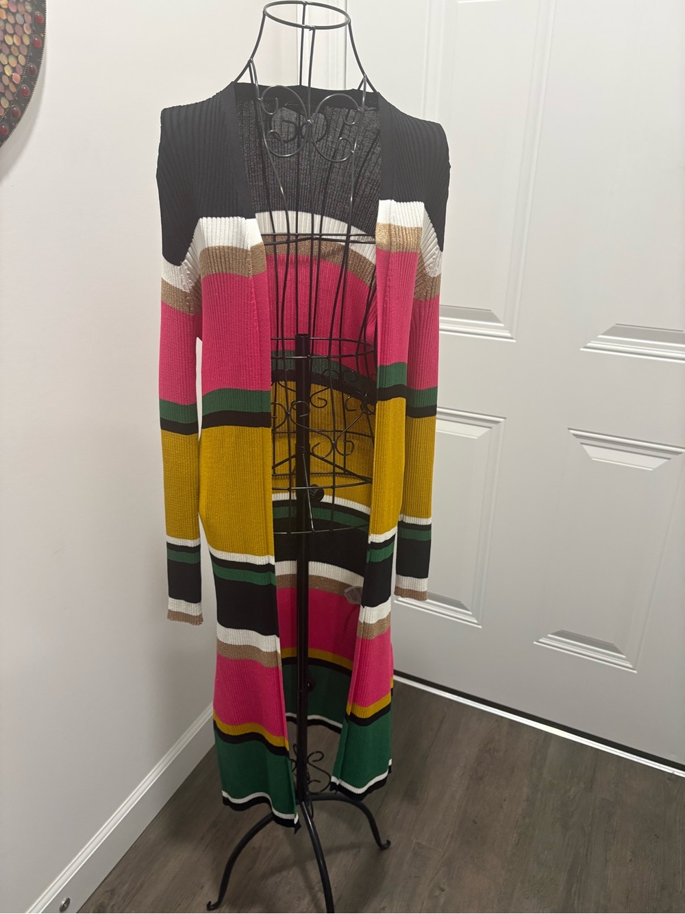 INC International Concepts Striped Long Multi-color Open Cardigan Stretchy Sz M